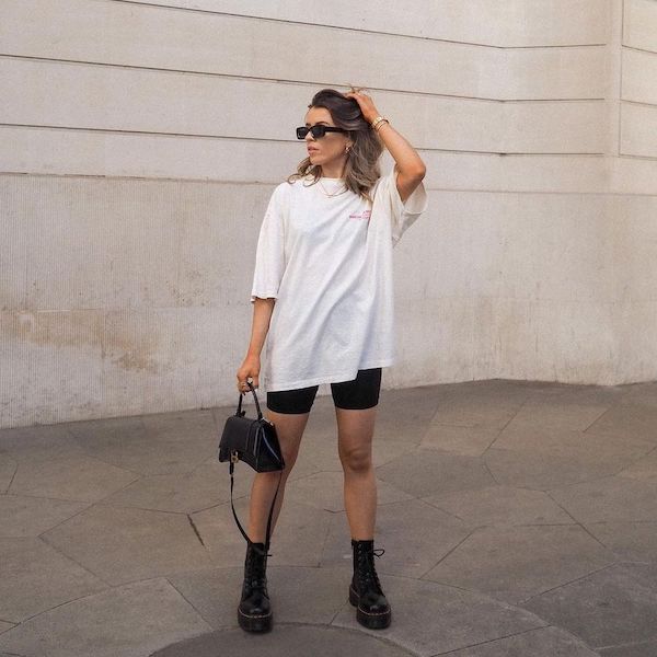 biker short outfit with oversized white tee