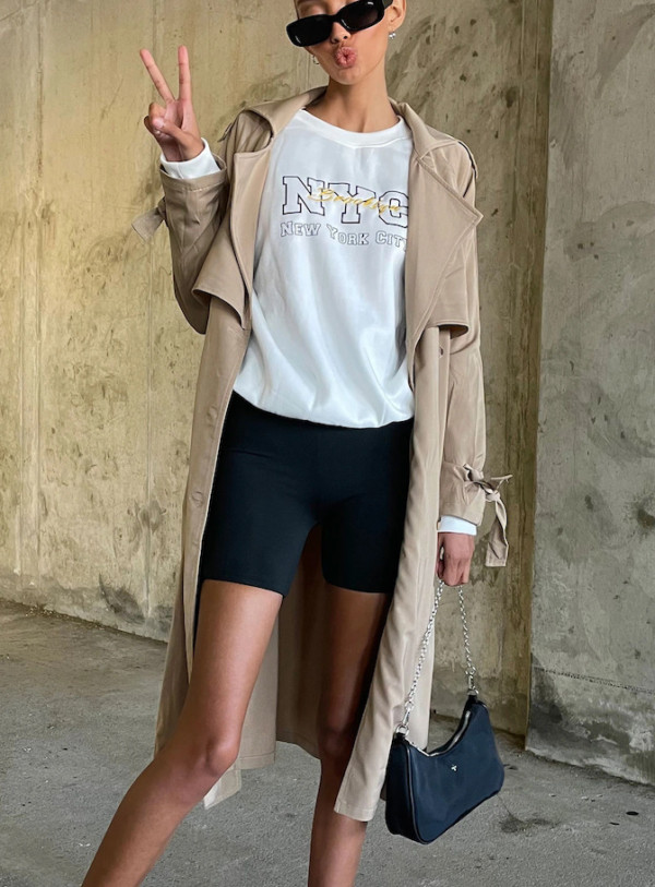biker shorts outfits with trench coat 